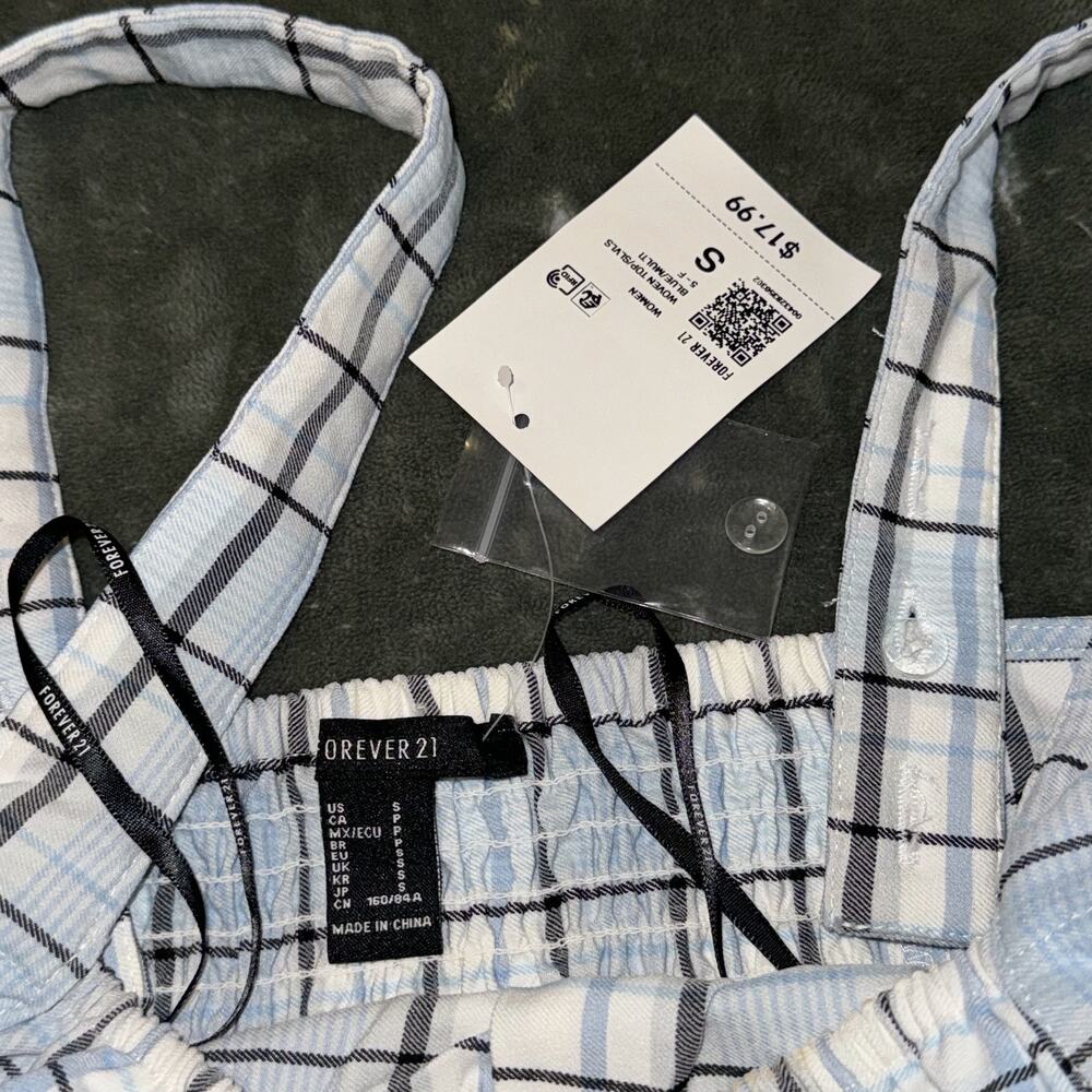 Forever 21 Crop Top Women's Small Blue Plaid Square Neck Smock Back Cottagecore - Picture 6 of 7